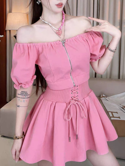 Mist & Haze] Summer Stylish Two-Piece Set: Slim-Fit Puff-Sleeve Top & High-Waisted Skort #47
