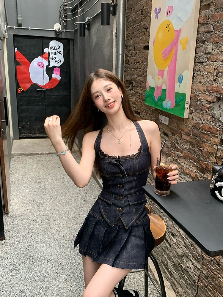 NIMO WANG denim suit for women 2024 new summer dress with a complete set of fashionable two-piece suit skirt