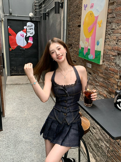 NIMO WANG denim suit for women 2024 new summer dress with a complete set of fashionable two-piece suit skirt