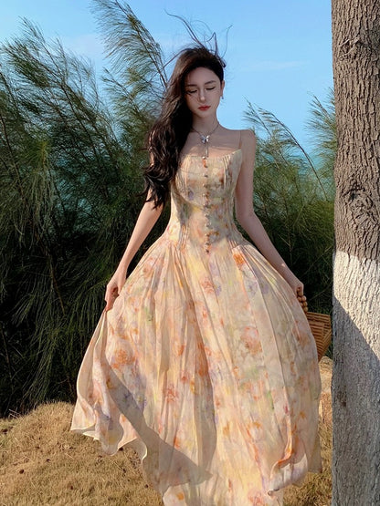 Phantom Fairy smudged floral dress, waist slimming and temperament, beach vacation suspender long skirt, chiffon skirt, summer