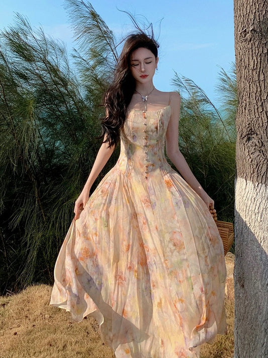 Phantom Fairy smudged floral dress, waist slimming and temperament, beach vacation suspender long skirt, chiffon skirt, summer
