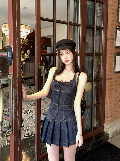 NIMO WANG denim suit for women 2024 new summer dress with a complete set of fashionable two-piece suit skirt