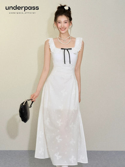 Underpass original design French white sweet bow hollow embroidery atmospheric square neck dress