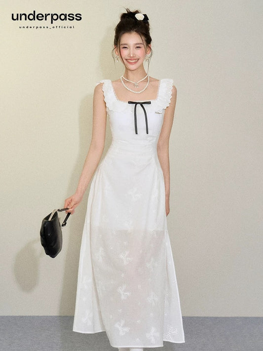 Underpass original design French white sweet bow hollow embroidery atmospheric square neck dress