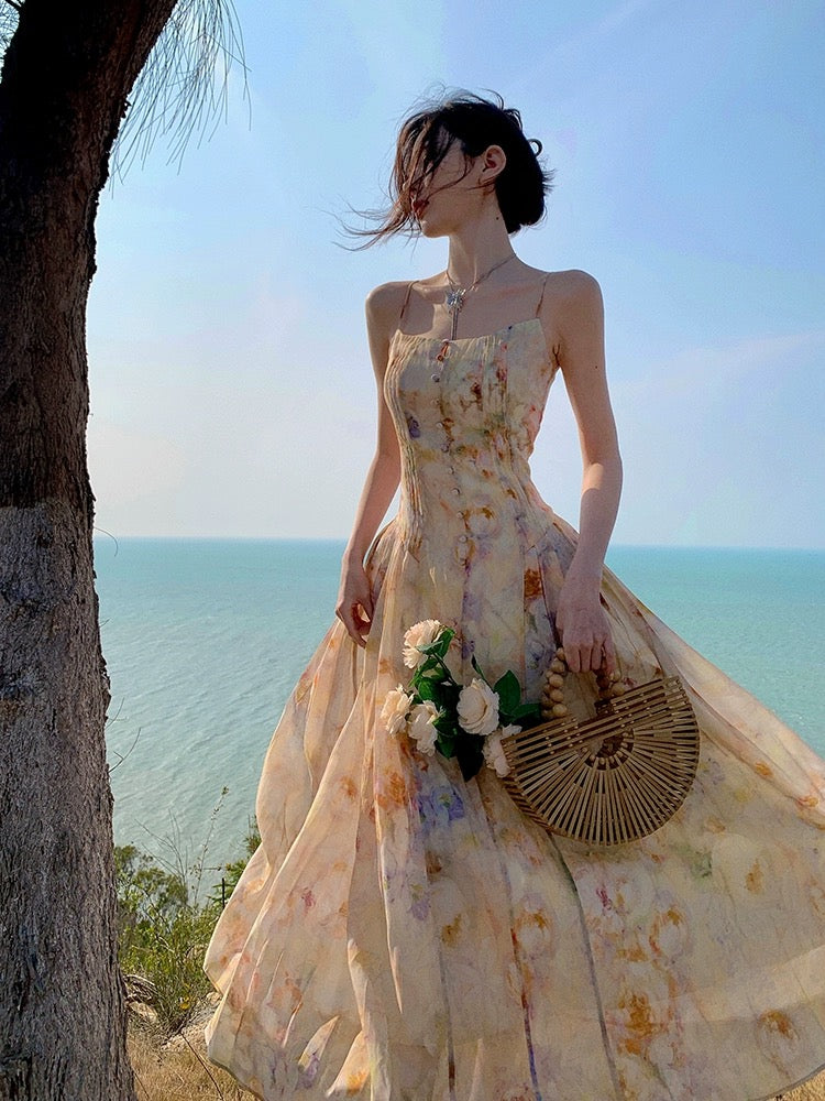 Phantom Fairy smudged floral dress, waist slimming and temperament, beach vacation suspender long skirt, chiffon skirt, summer