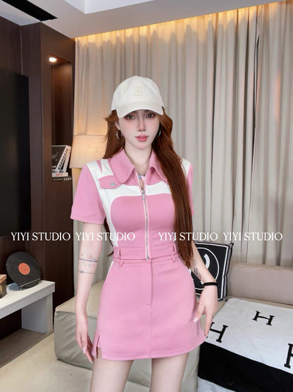 [Chic & Sweet Style] New Summer Set: High-Waisted Skort & Short-Sleeve Top – Slimming & Leg-Lengthening Design #98
