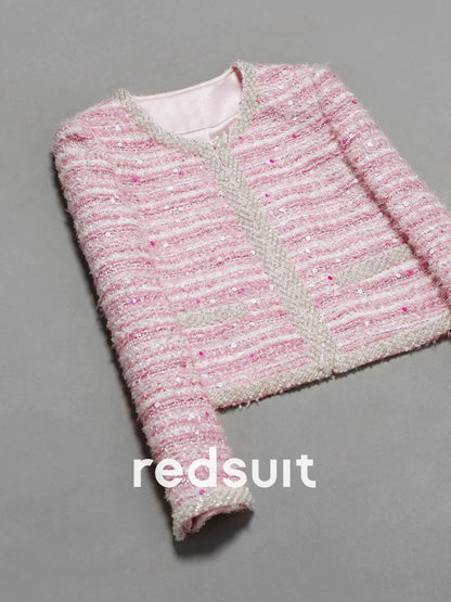 Redsuit French Heiress Sweet Pink Tweed Jacket, Stylish, Exquisite, and Slimming Top