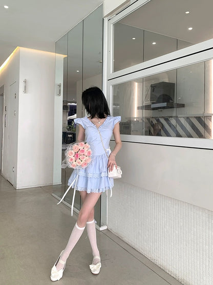 NIMOWANG [Seaside Diary] Sweet Dress Women's Summer Dopamine Blue Princess Dress Cake Dress
