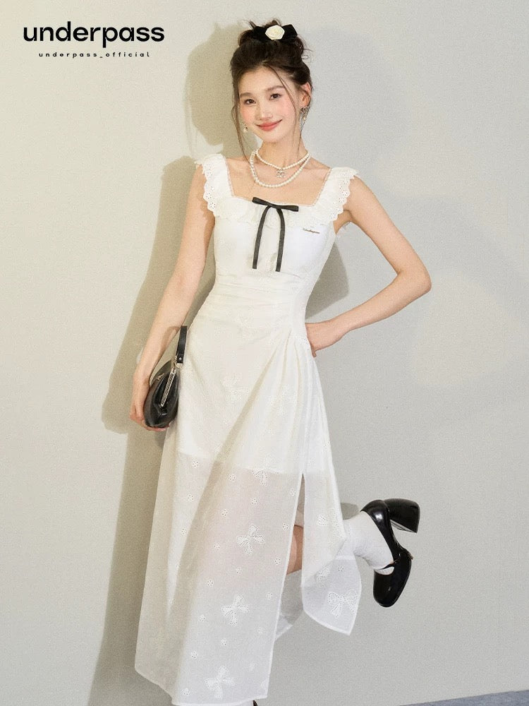 Underpass original design French white sweet bow hollow embroidery atmospheric square neck dress