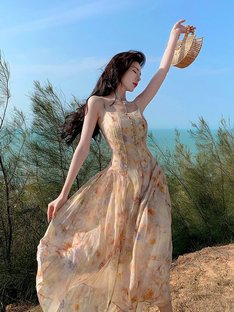 Phantom Fairy smudged floral dress, waist slimming and temperament, beach vacation suspender long skirt, chiffon skirt, summer