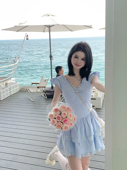 NIMOWANG [Seaside Diary] Sweet Dress Women's Summer Dopamine Blue Princess Dress Cake Dress