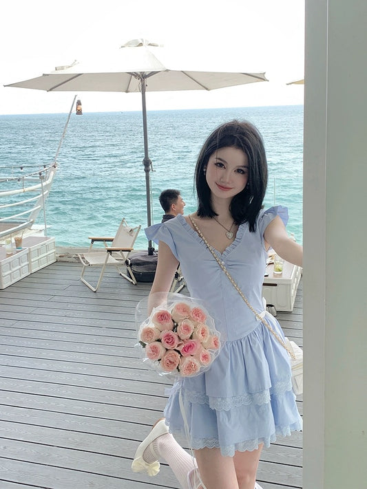 NIMOWANG [Seaside Diary] Sweet Dress Women's Summer Dopamine Blue Princess Dress Cake Dress