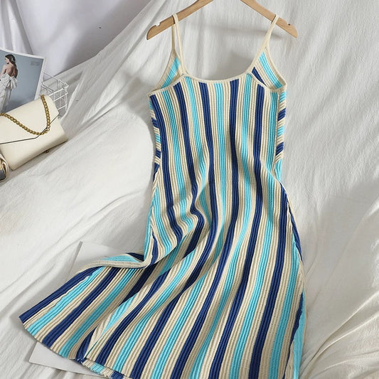 Sexy versatile color-blocked striped suspender skirt spring and summer new Korean style bottoming knitted skirt slimming age-reducing dress for women