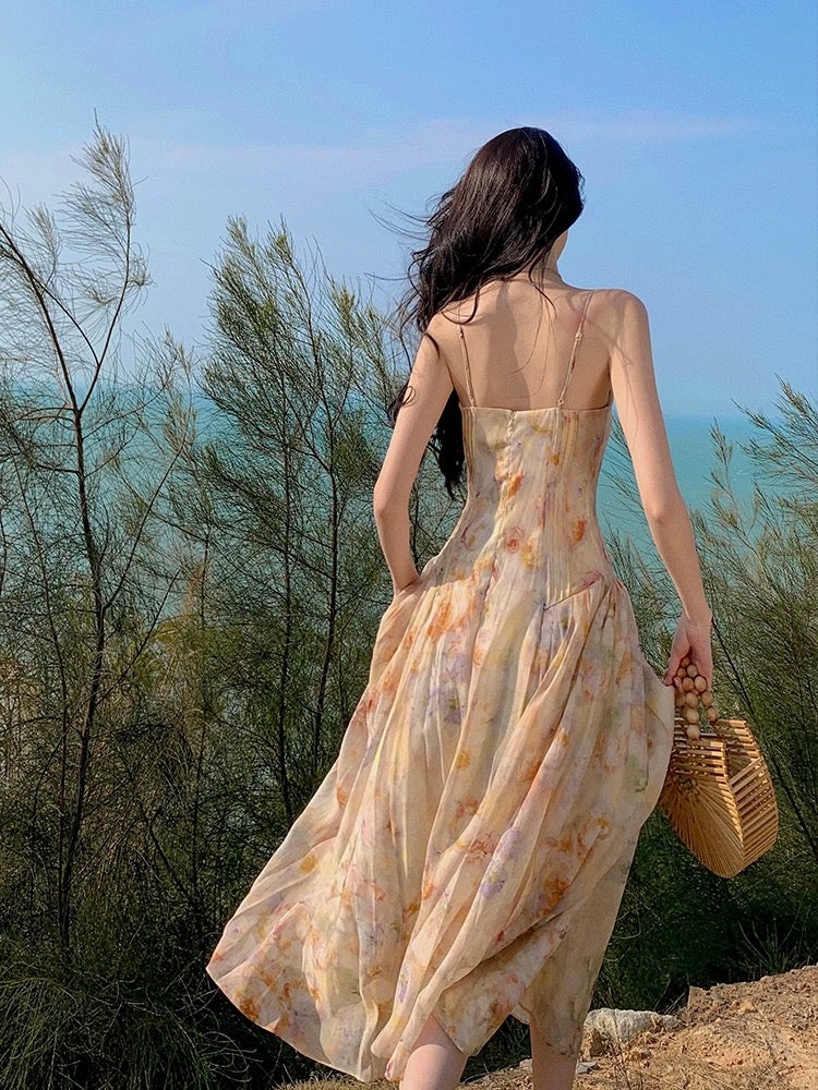 Phantom Fairy smudged floral dress, waist slimming and temperament, beach vacation suspender long skirt, chiffon skirt, summer