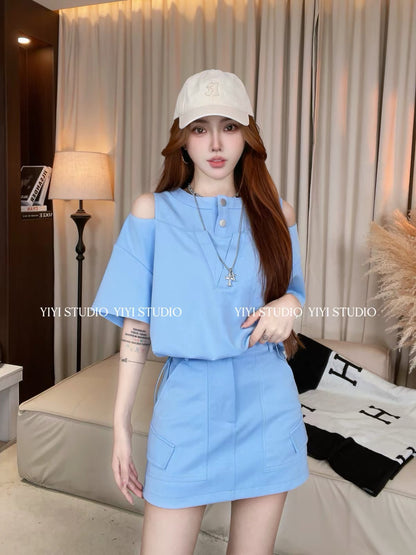 [Chic & Minimalist] Stylish, Youthful, and Slimming Summer Set: Short-Sleeve T-Shirt & High-Waisted Skort #47