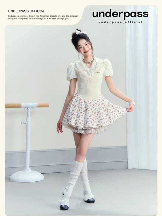 underpass original design Sweet Girl Bow Mesh Pleated High Waisted Puff Skirt Spliced Floral Dress