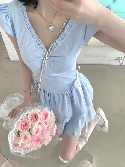 NIMOWANG [Seaside Diary] Sweet Dress Women's Summer Dopamine Blue Princess Dress Cake Dress