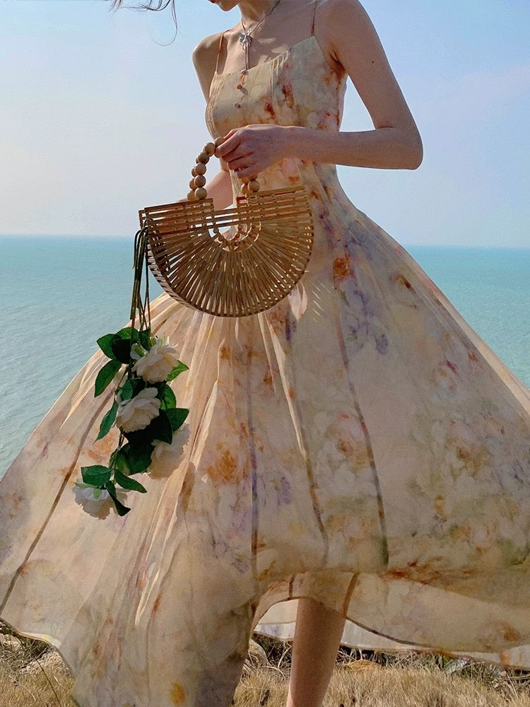 Phantom Fairy smudged floral dress, waist slimming and temperament, beach vacation suspender long skirt, chiffon skirt, summer