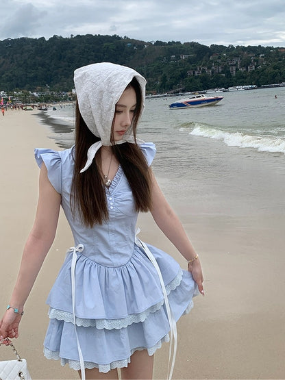 NIMOWANG [Seaside Diary] Sweet Dress Women's Summer Dopamine Blue Princess Dress Cake Dress