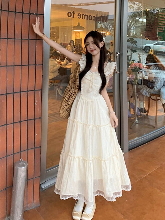 Phantom Fairy, French temperament, slim taller long skirt with slim waist, small flying sleeves suspender skirt, summer dress