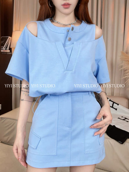[Chic & Minimalist] Stylish, Youthful, and Slimming Summer Set: Short-Sleeve T-Shirt & High-Waisted Skort #47