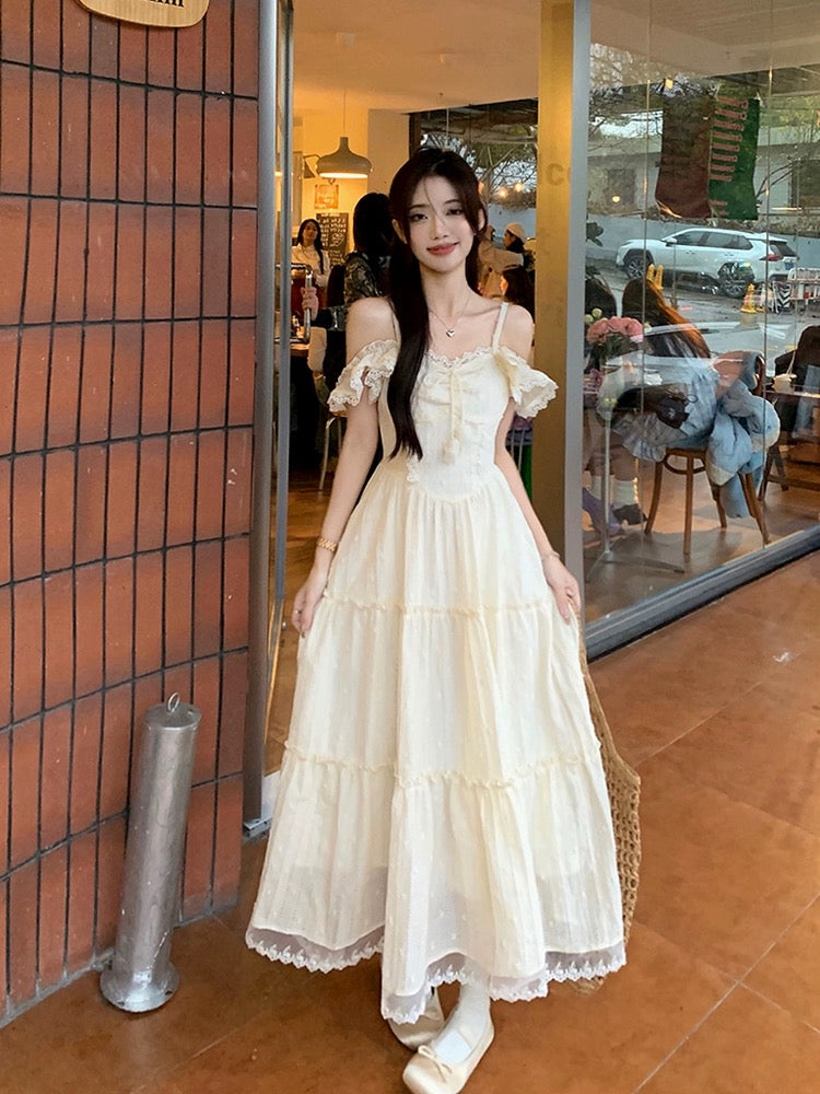 Phantom Fairy, French temperament, slim taller long skirt with slim waist, small flying sleeves suspender skirt, summer dress