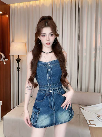 Blue Tone] Summer New Arrival: Stylish "Hot Girl" Style Denim Camisole & High-Waisted Skort Set (Slimming Fit) #54