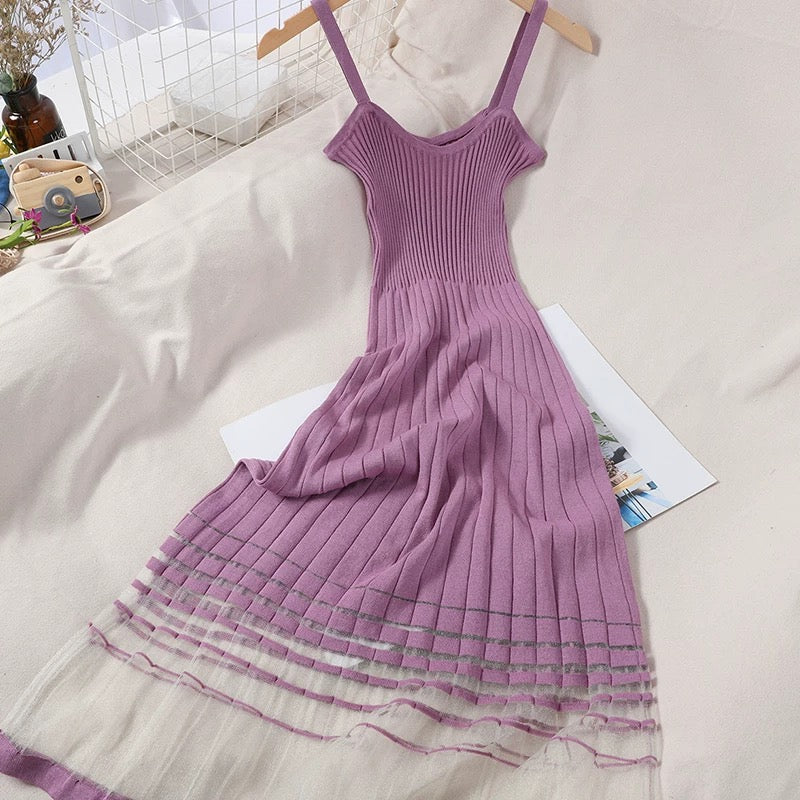 Stylish hem spliced bright silk mesh age-reducing sweet thin knitted long skirt for women Korean style slim sexy dress