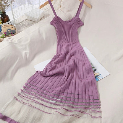 Stylish hem spliced bright silk mesh age-reducing sweet thin knitted long skirt for women Korean style slim sexy dress