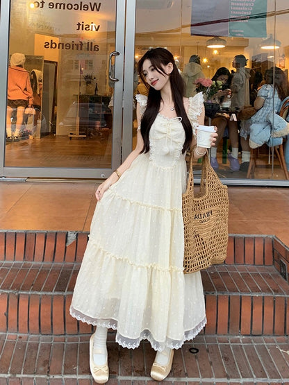 Phantom Fairy, French temperament, slim taller long skirt with slim waist, small flying sleeves suspender skirt, summer dress