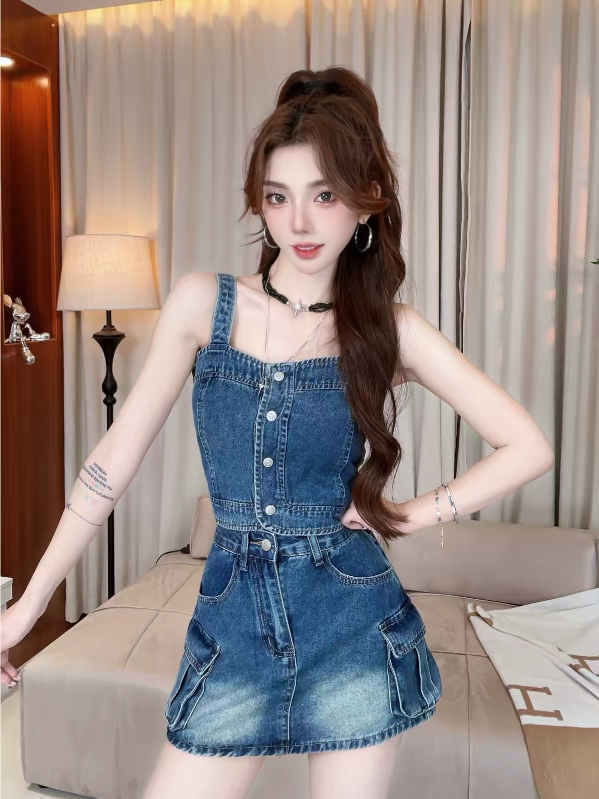 Blue Tone] Summer New Arrival: Stylish "Hot Girl" Style Denim Camisole & High-Waisted Skort Set (Slimming Fit) #54