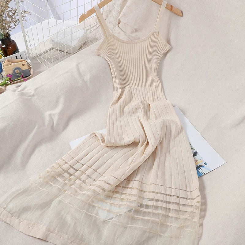 Stylish hem spliced bright silk mesh age-reducing sweet thin knitted long skirt for women Korean style slim sexy dress