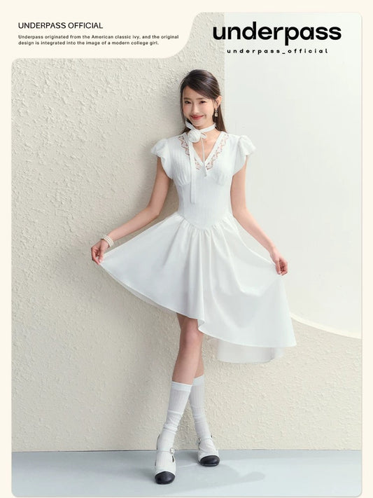 Underpass original niche design V-neck embroidered lace irregular slanted fairy waist dress for women