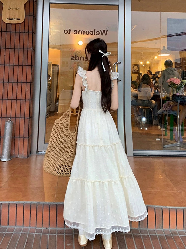 Phantom Fairy, French temperament, slim taller long skirt with slim waist, small flying sleeves suspender skirt, summer dress
