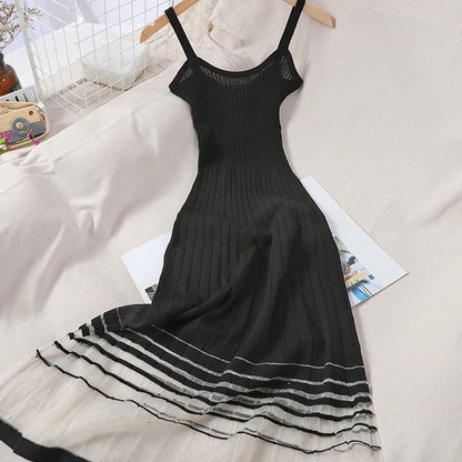 Stylish hem spliced bright silk mesh age-reducing sweet thin knitted long skirt for women Korean style slim sexy dress