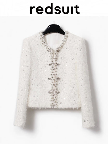 Redsuit heavy-duty, high-end, elegant beaded design, Chanel-style tweed white coat, exquisite and gentle top.