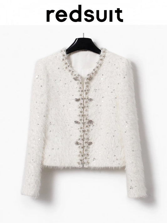 Redsuit heavy-duty, high-end, elegant beaded design, Chanel-style tweed white coat, exquisite and gentle top.