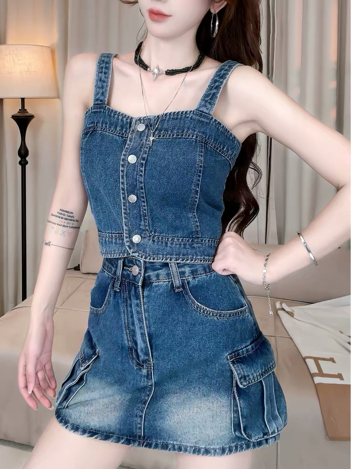Blue Tone] Summer New Arrival: Stylish "Hot Girl" Style Denim Camisole & High-Waisted Skort Set (Slimming Fit) #54