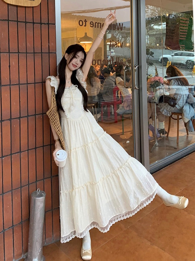 Phantom Fairy, French temperament, slim taller long skirt with slim waist, small flying sleeves suspender skirt, summer dress