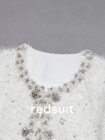 Redsuit heavy-duty, high-end, elegant beaded design, Chanel-style tweed white coat, exquisite and gentle top.