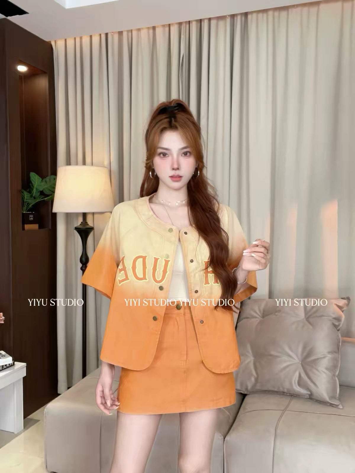 [Morning Glow] Stylish Summer Set: Gradient Denim Short-Sleeve Top with Distinctive Design & High-Waisted Skort #142