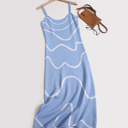 French retro light mature style suspender long skirt 2023 summer new high-end wavy striped knitted dress
