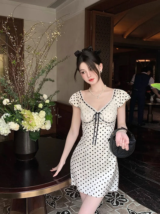 NIMOWANG [Ruth's Outfit] Polka Dot Dress Women's High-Quality Design Pure Sexy Satin Skirt