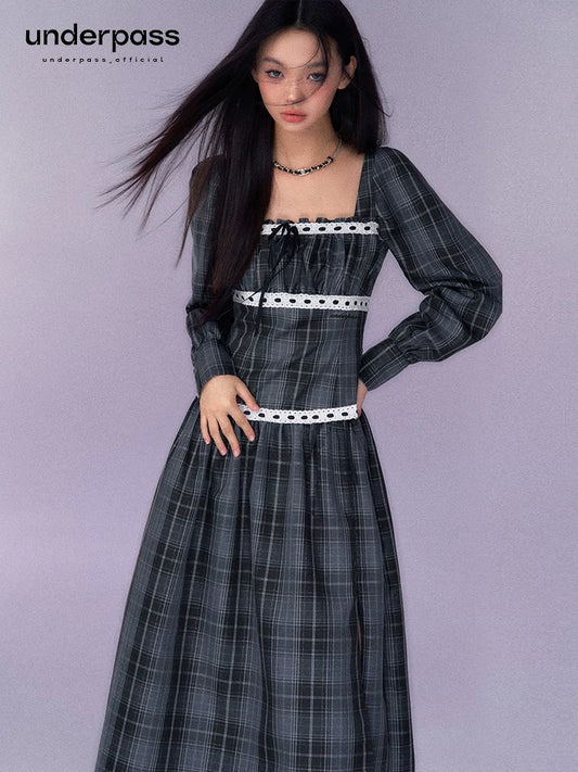 Underpass original design French gray plaid manor waist tie square collar long-sleeved jumpsuit long skirt