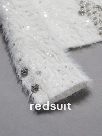 Redsuit heavy-duty, high-end, elegant beaded design, Chanel-style tweed white coat, exquisite and gentle top.