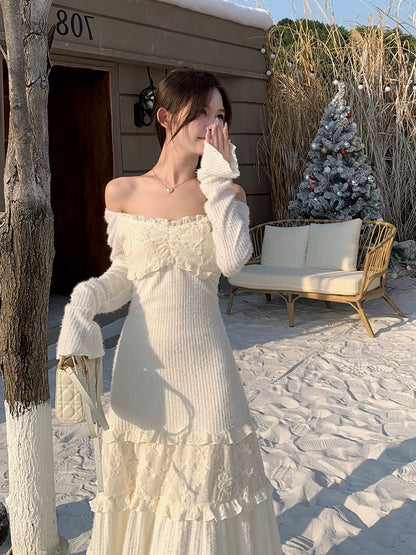 Phantom Fairy Spring Lovers Lace Spliced Sweater Long Skirt with Cake Skirt Long Sleeve Knitted Square Neck Dress