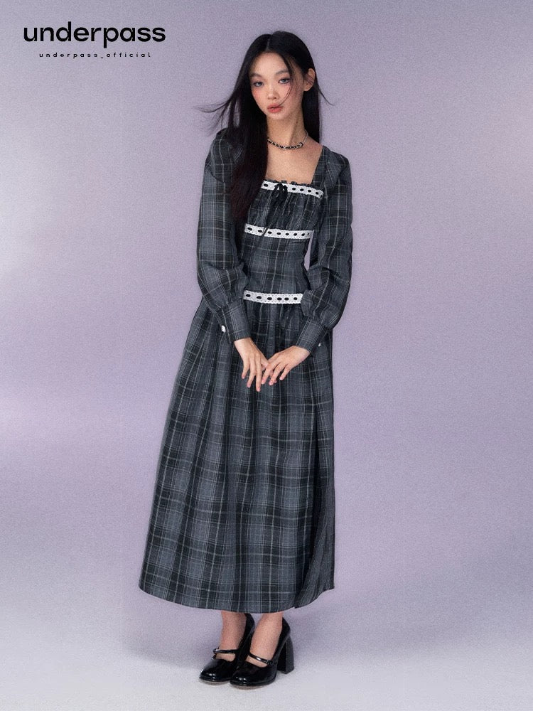 Underpass original design French gray plaid manor waist tie square collar long-sleeved jumpsuit long skirt
