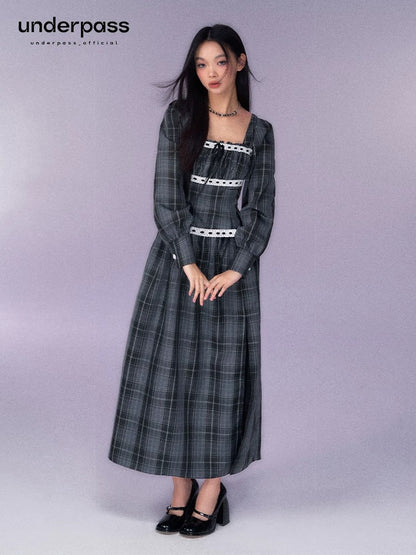 Underpass original design French gray plaid manor waist tie square collar long-sleeved jumpsuit long skirt