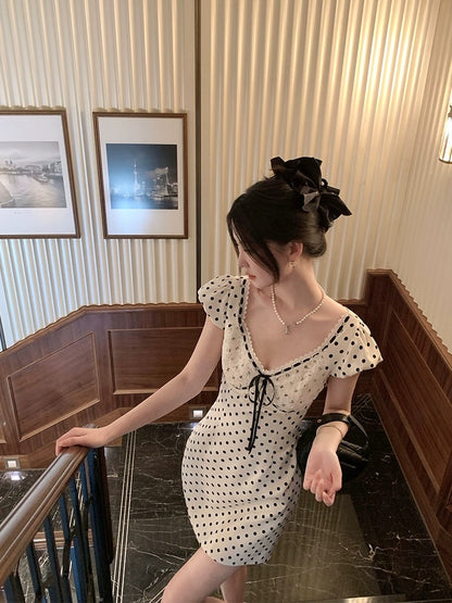 NIMOWANG [Ruth's Outfit] Polka Dot Dress Women's High-Quality Design Pure Sexy Satin Skirt