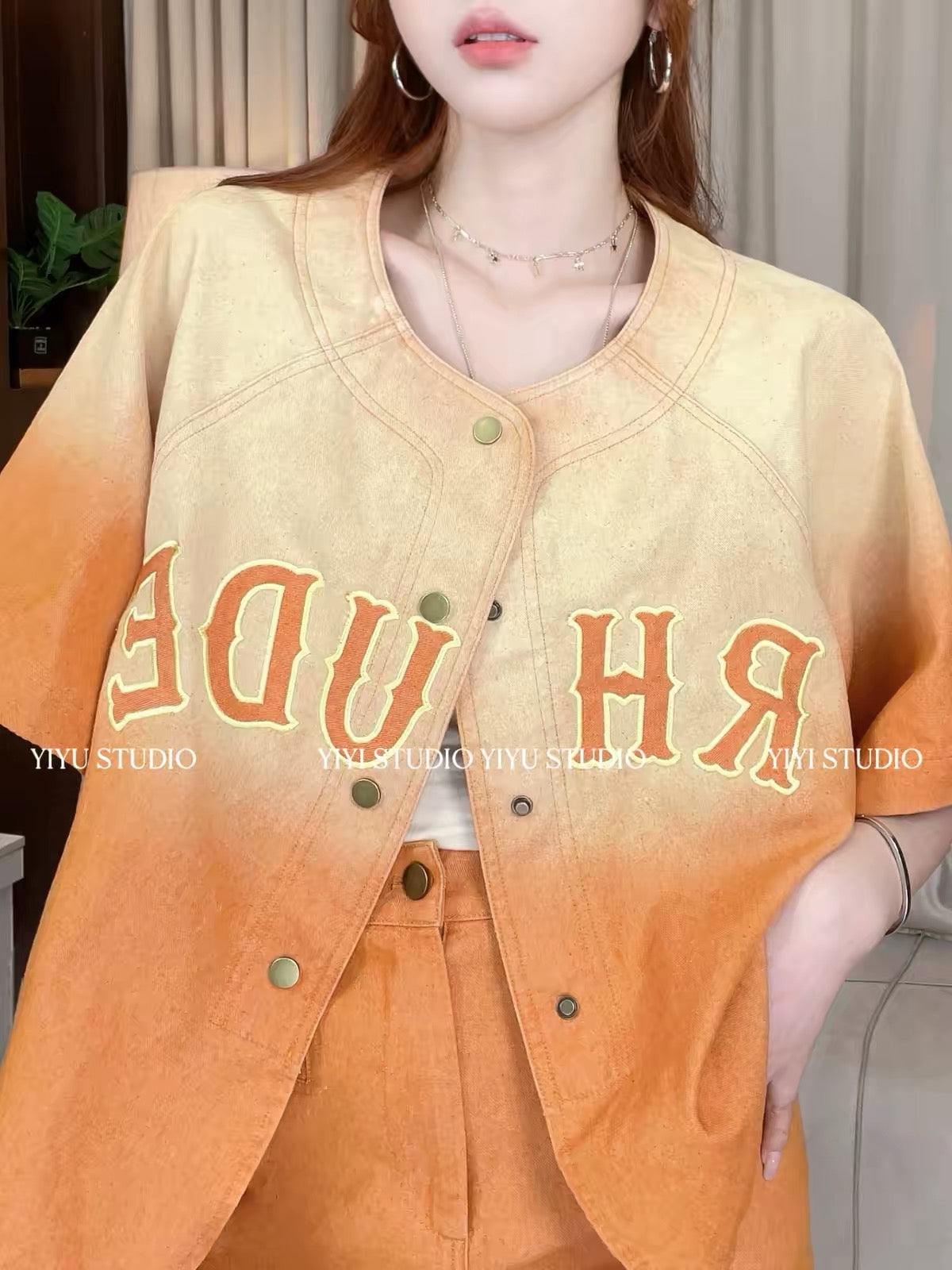 [Morning Glow] Stylish Summer Set: Gradient Denim Short-Sleeve Top with Distinctive Design & High-Waisted Skort #142